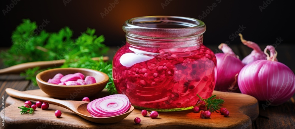 Fermented red onion rings served on a wooden spoon perfect for appetizers condiments or toppings High quality photo included