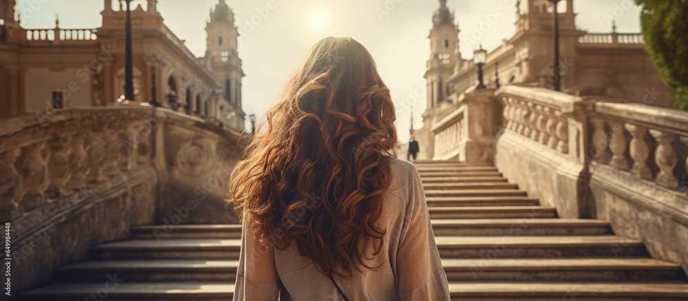 Depressed woman on medication walks downstairs at monument Mental health concept