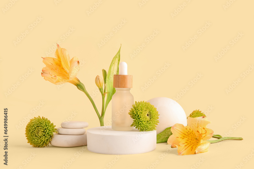 Composition with bottle of essential oil, plaster podium and beautiful flowers on beige background