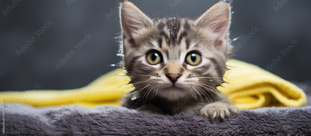 Cute gray kitten with towel on head after bath