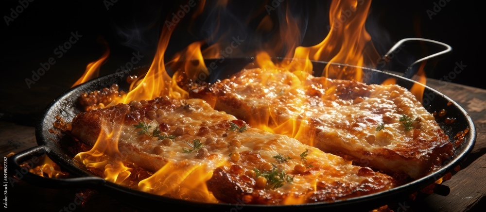 Serving of a fiery Greek appetizer named saganaki