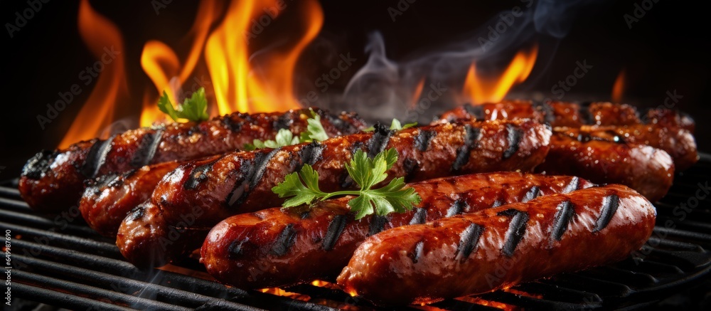 Fire grilling sausages with shallow field depth