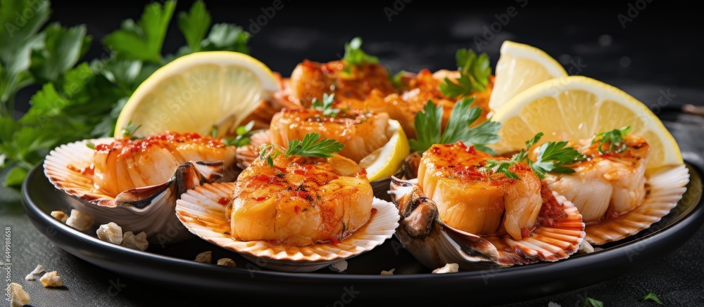 Raw scallops with lemon and cilantro served on a gray plate against a gray background