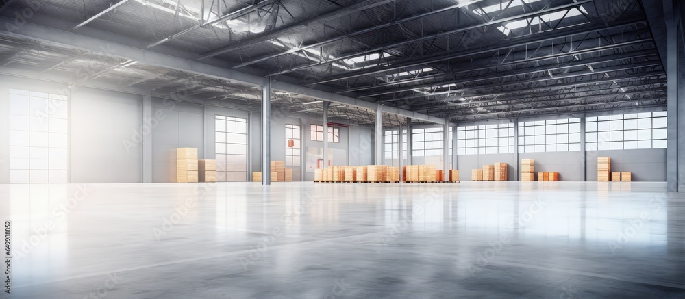 Future factory with polished concrete floor spacious display area for industrial products and a modern industrial background