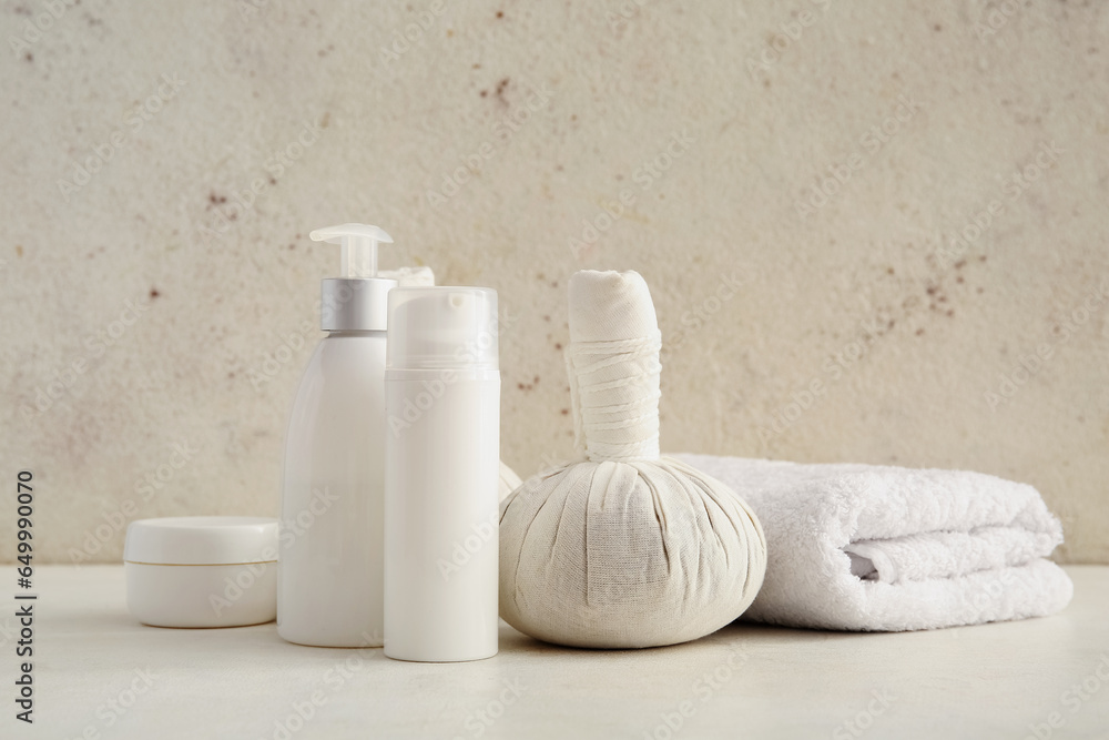 Set of spa supplies on white background