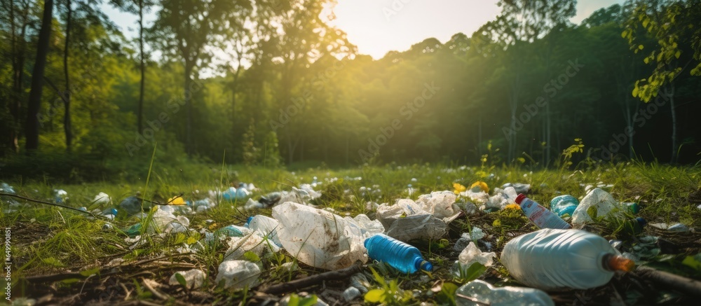 Human pollution of forests through random dumping of garbage including plastic bags and bottles is evident in polluted green grass and natural landscapes