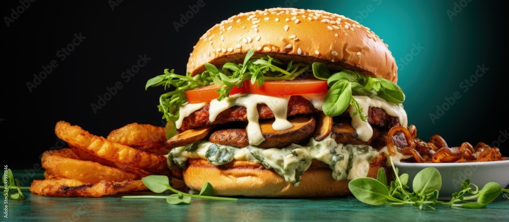 Vegan burger with fried mushrooms and vegetables on a vibrant green backdrop