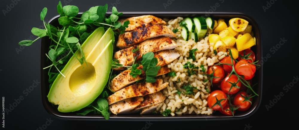 Overhead shot of meal prep containers with healthy ingredients and space for text