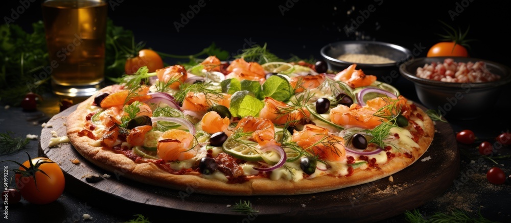 Seafood pizza with salmon shrimp and cheese on a table