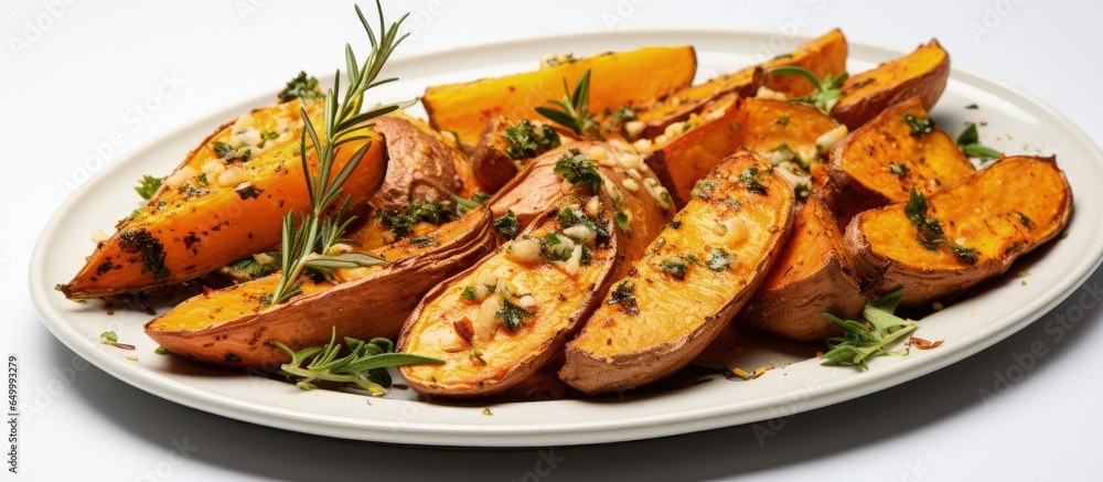 Homemade organic vegan meal with baked and sweet potato wedges herbs and spinach on a white background