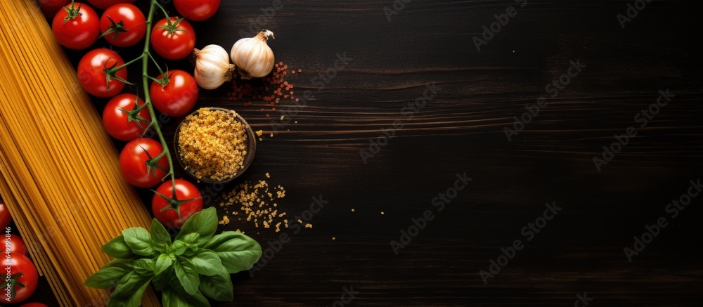 Top view image of Italian pasta ingredients on black table including spaghetti tomato basil and garlic with copy space