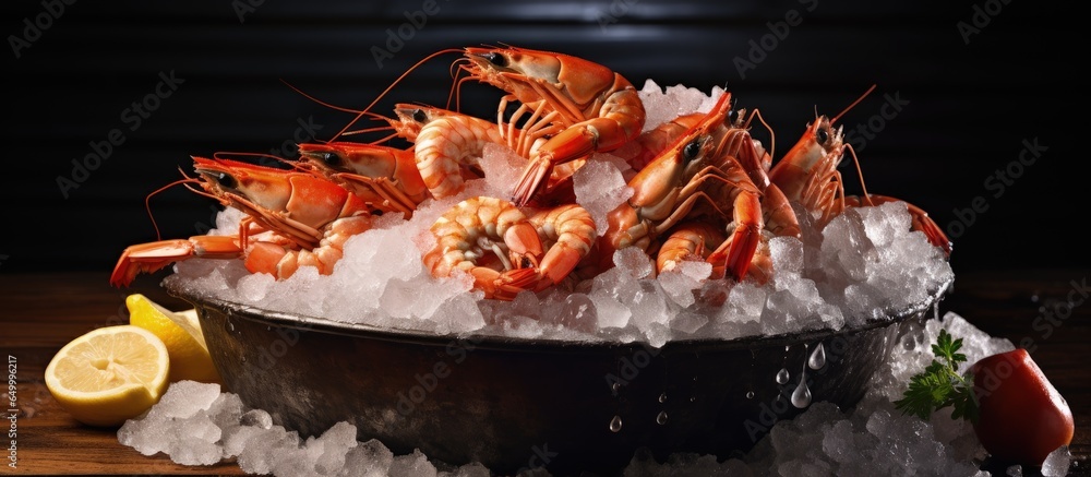 Enjoy a delightful seafood feast with a chilled assortment of shrimp mussels and other sea creatures