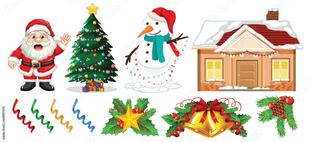 Festive Christmas Objects and Elf in Vector Illustration