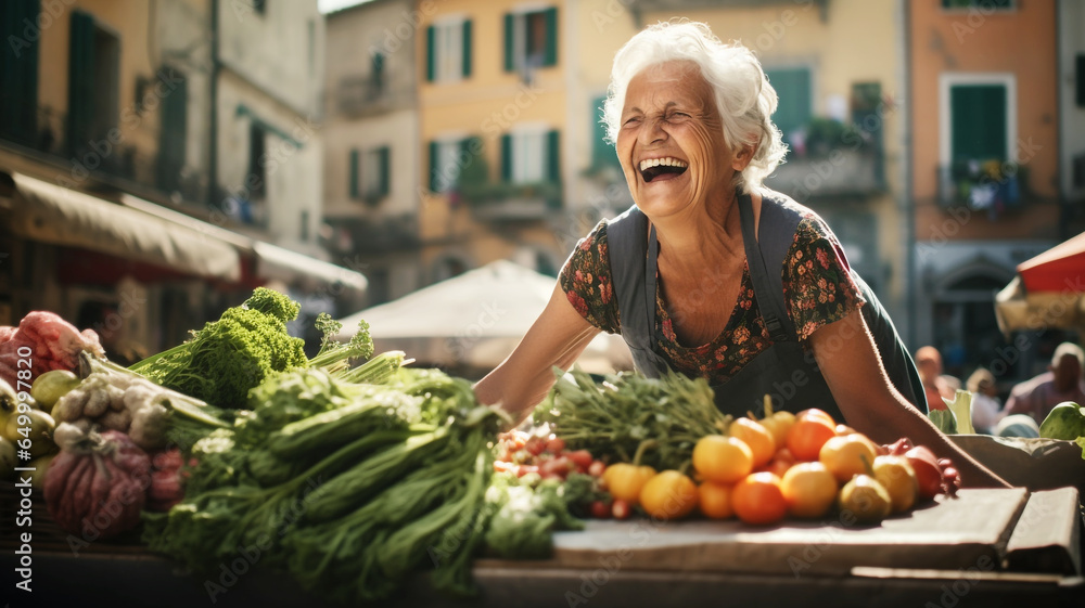 Happy elderly woman working at the farmers market