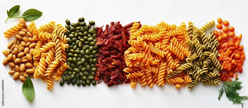 Assorted gluten free legume based fusilli pasta Food backdrop