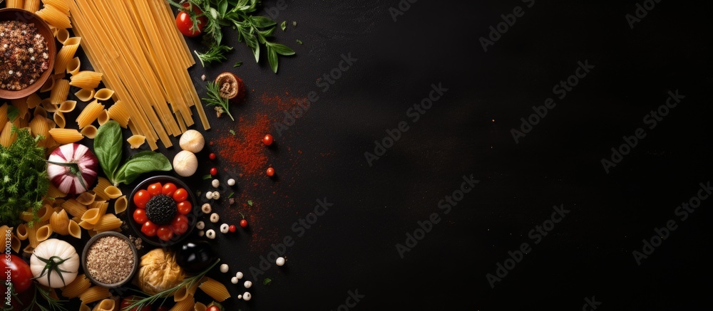 Black table with various foods menu concept Copy space for text top view