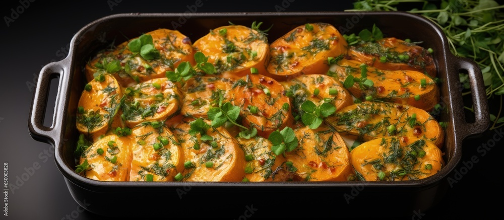 Vegan healthy recipe Roasted sweet potato gratin in a ceramic pan top view