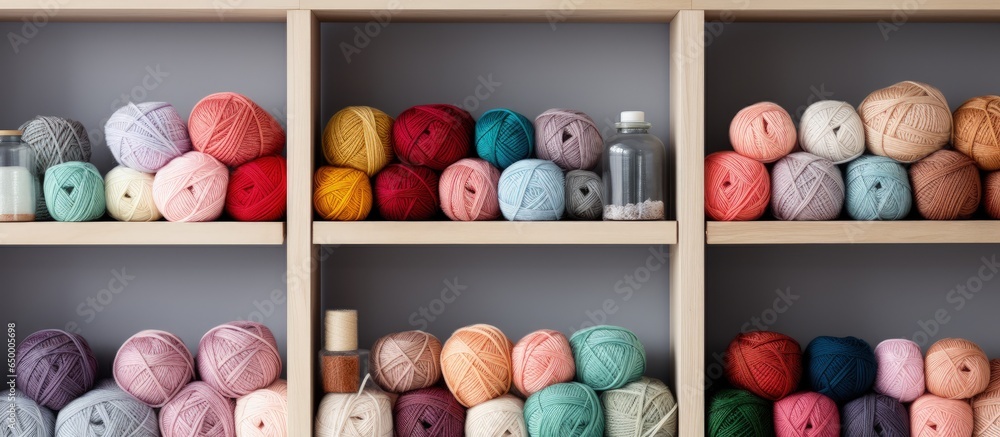 Organized craft room with shelves baskets and colorful yarn balls for knitting