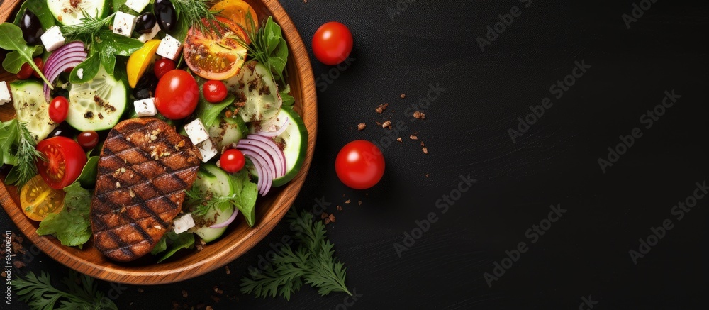 Grilled salmon on Greek salad Mediterranean cuisine healthy diet Top view