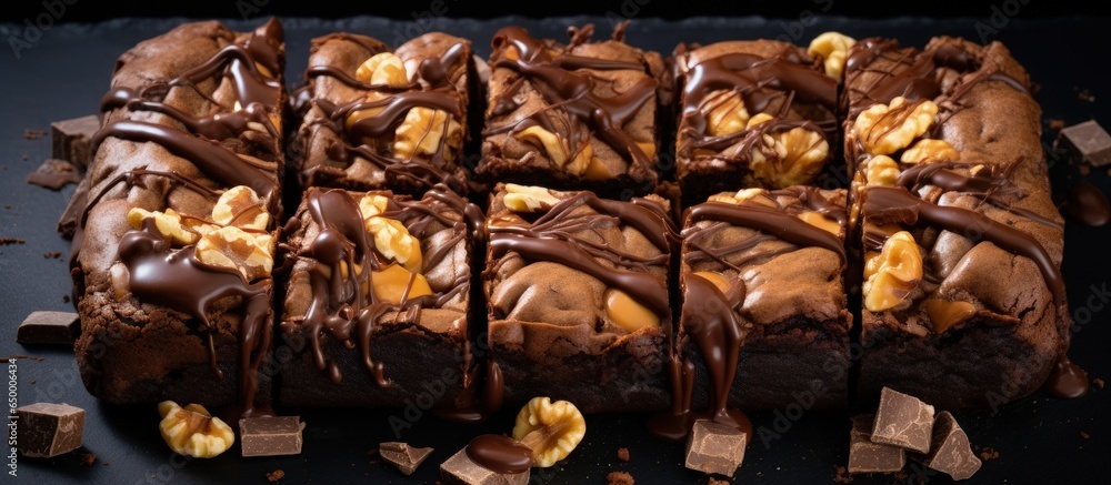 Homemade chocolate brownies with peanut butter on black background top view