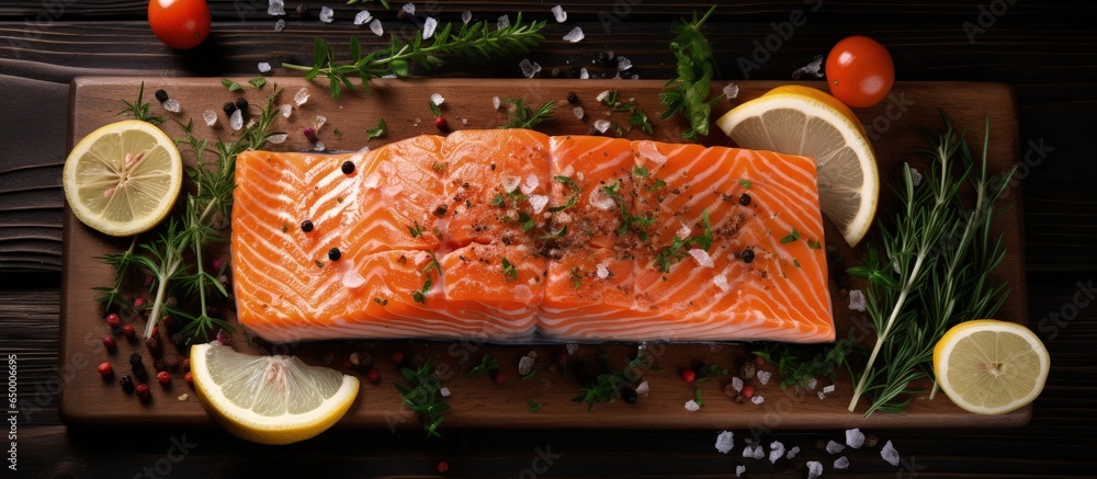 Scandinavian salmon fillet with herbs and seasoning on a wooden board Pescetarian meal with nutritional seafish Top view