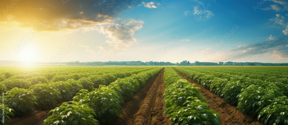 Sunset landscape with potato field and blue sky