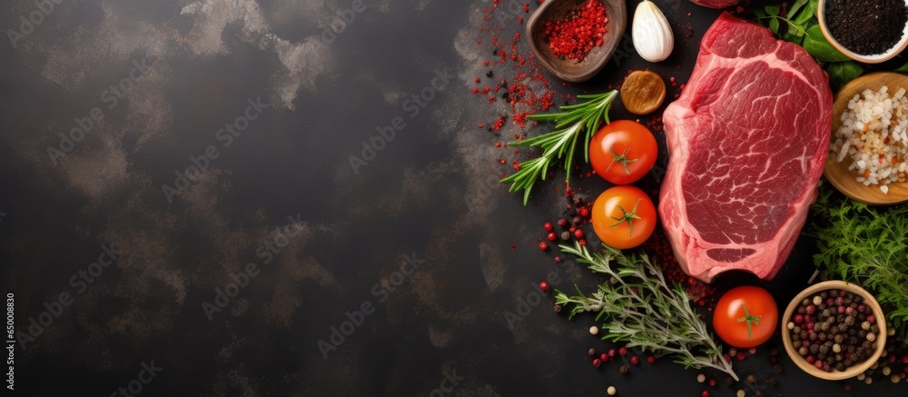 Cooking raw beef steak accompanied by ingredients meat red wine herbs spices top view with space on stone table