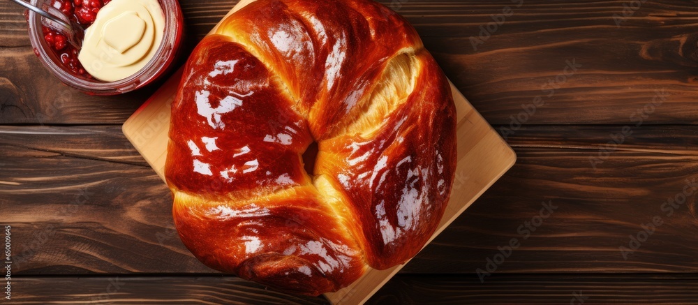 Top view of wooden background with brioche bread butter and jam on breakfast table