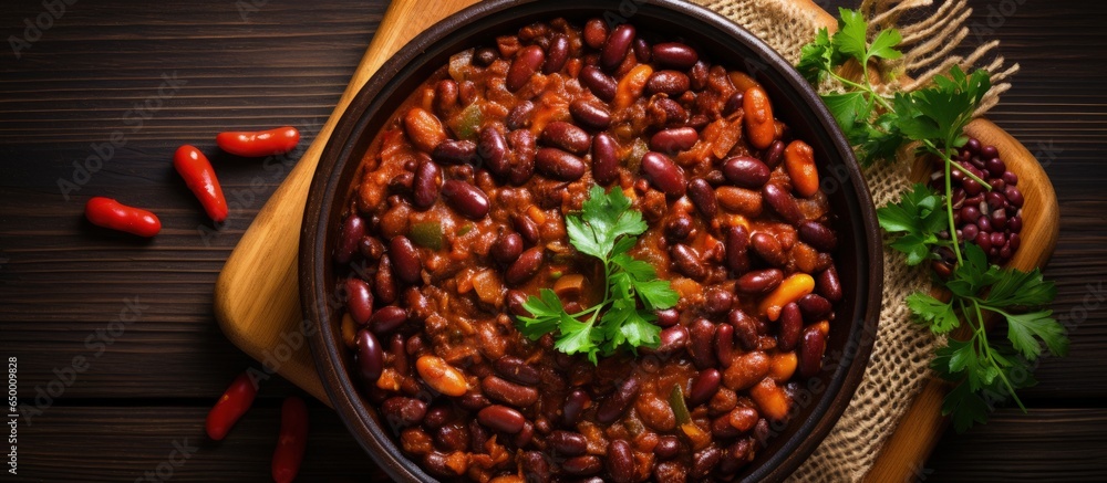 Top view of homemade vegan vegetarian stew with kidney beans and vegetables on a wooden table