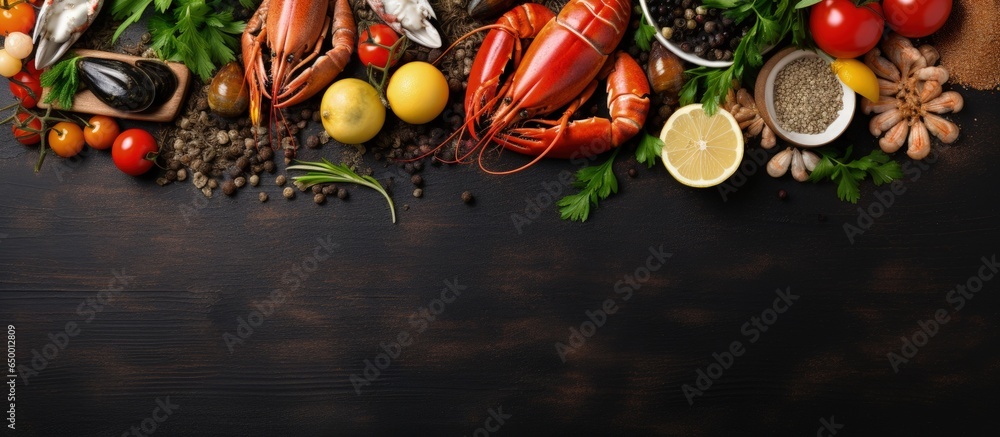 Ocean themed gourmet dinner with fresh lobster mussels and shrimp on a shellfish plate