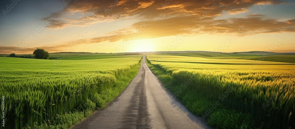 Sunrise over country road and green wheat fields