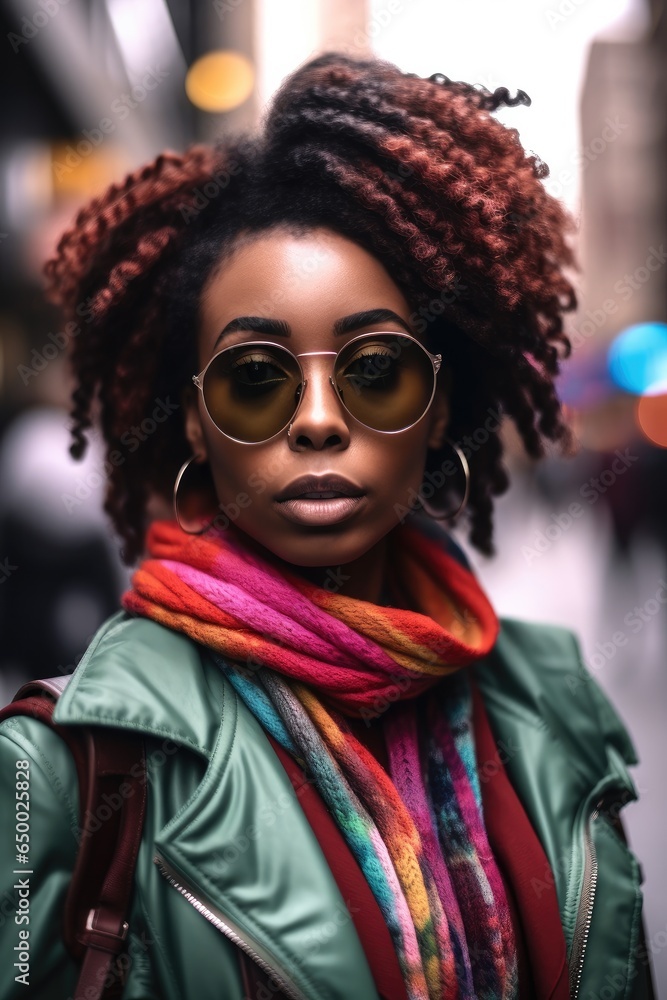 African American woman wearing sunglasses is being portrayed in the middle of a busy city street.