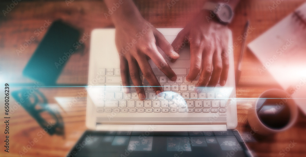 Future technology, hands typing on laptop from above, business person online at desk with web. Overlay, communication and networking, man writing email for global connectivity on computer keyboard.