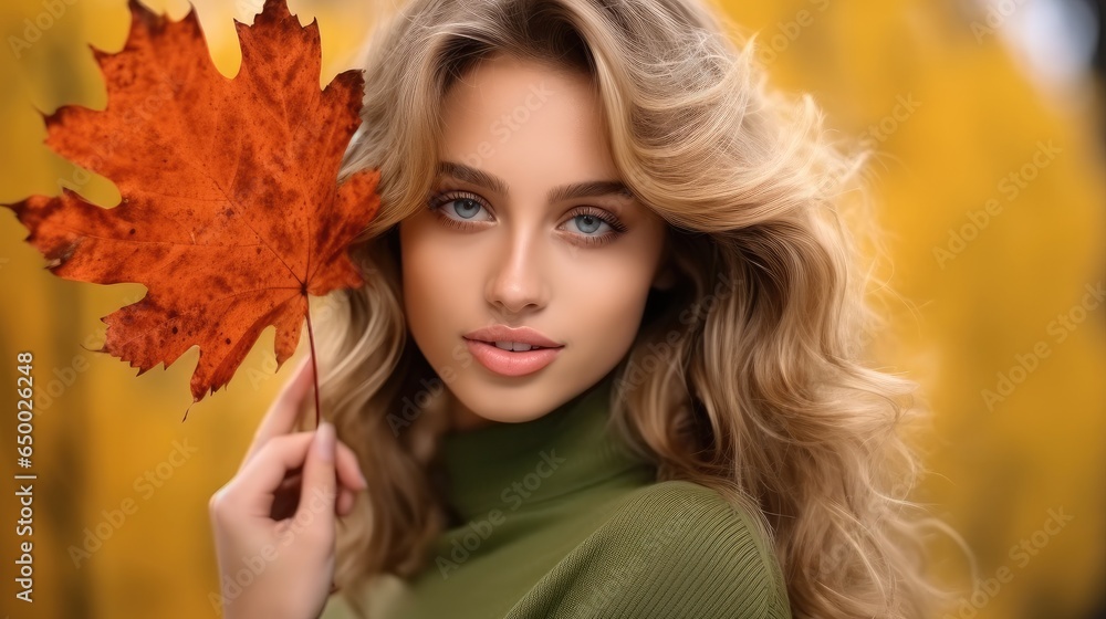 Beautiful girl outdoor in autumn, Pretty woman with leaf near face on autumnal background.