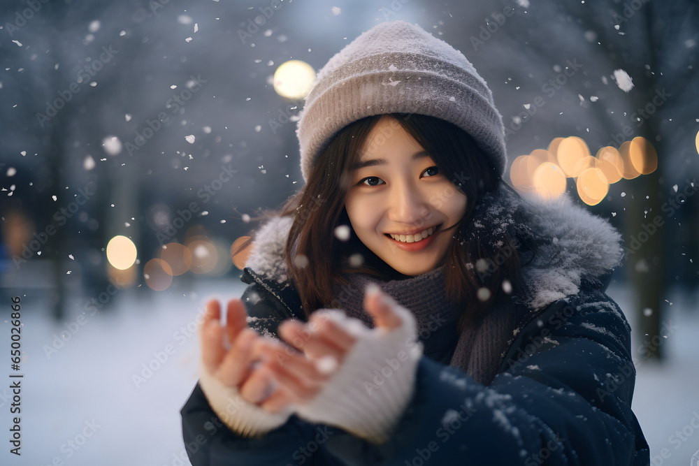 Portrait beautiful young Asian woman enjoying a day of snow, smiling and trying to catch snowflakes