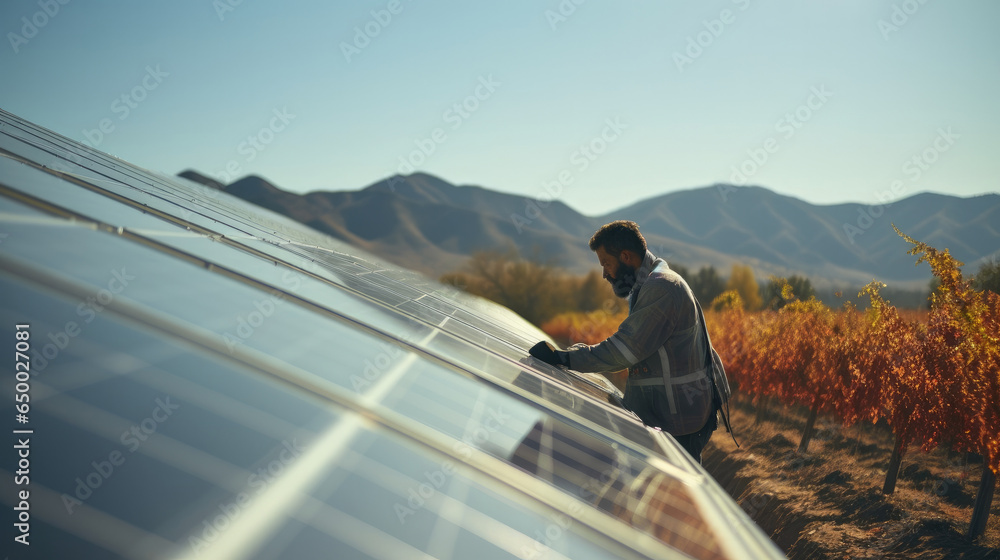 Technician on renewable energy farm, Solar energy management in electricity sustainability, Solar panels or sun grid plant.