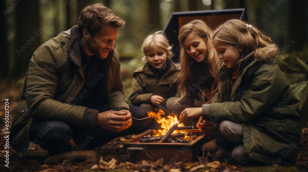 Family camping in the woods.