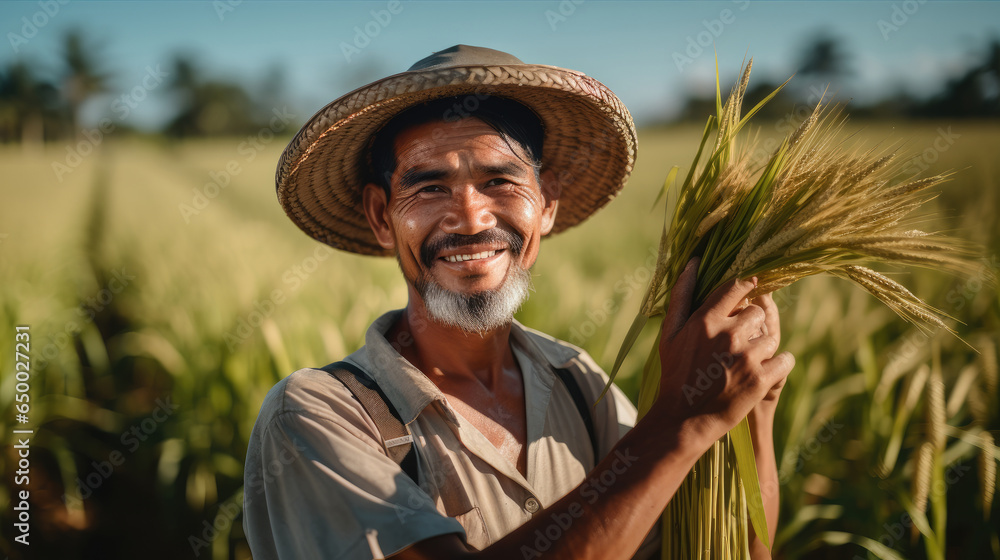 Farmer hold paddy crop at the rice field.