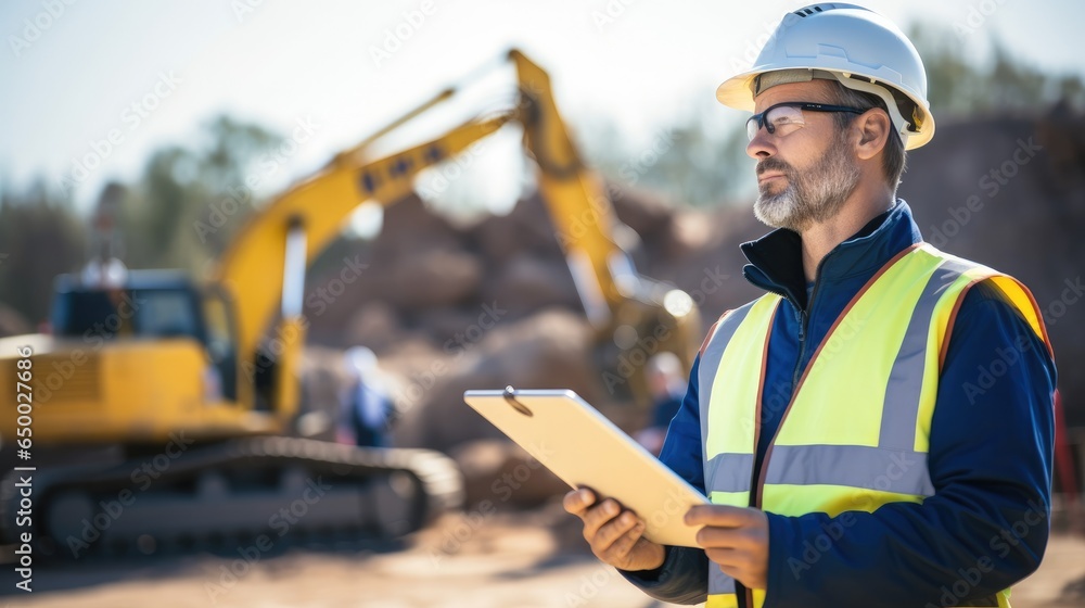 Engineer using tablet working on construction heavy machine background, Construction site.