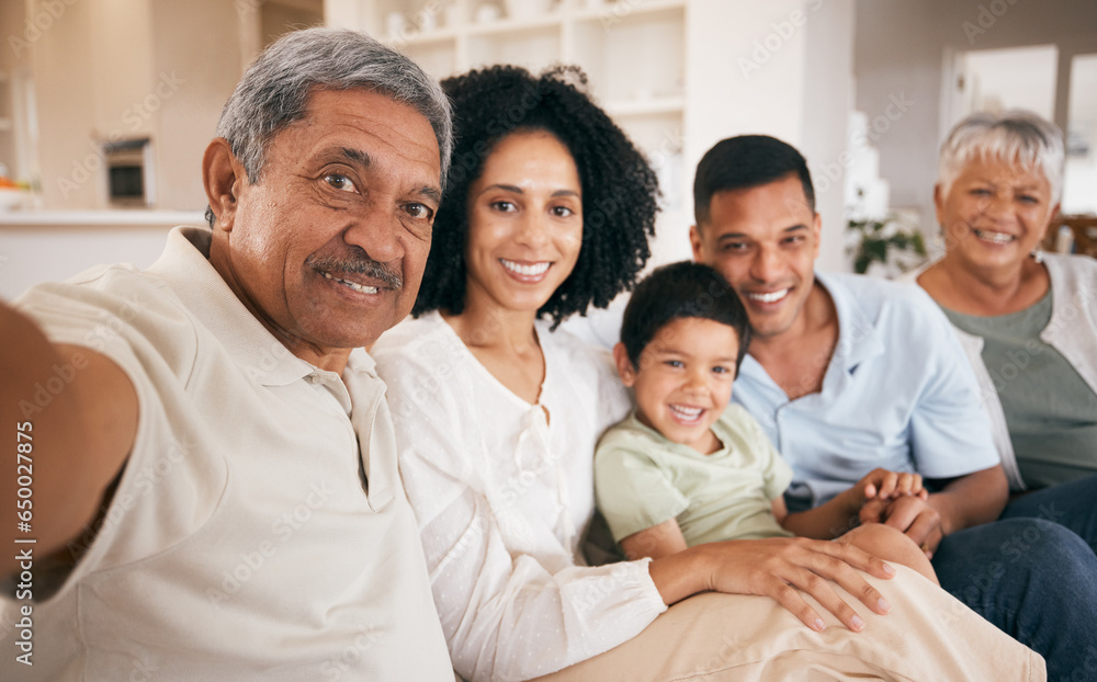 Family, selfie and grandparents with a smile at home together with young child and mom. Bonding, sofa and happy father with young boy and senior people with photo for social media with kid on couch