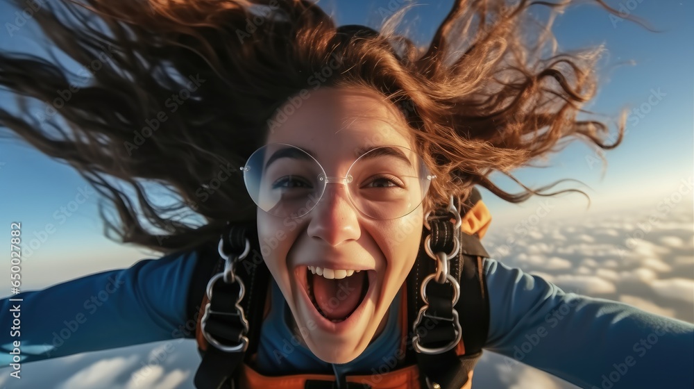 Happy girl parachutist on free fall blue sky.