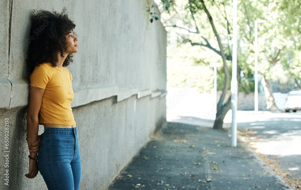 Thinking, woman and city wall on a road with travel and outdoor sad from memory with mockup space. Female person, sidewalk and depression on a urban street with grief, disappointed and mental health