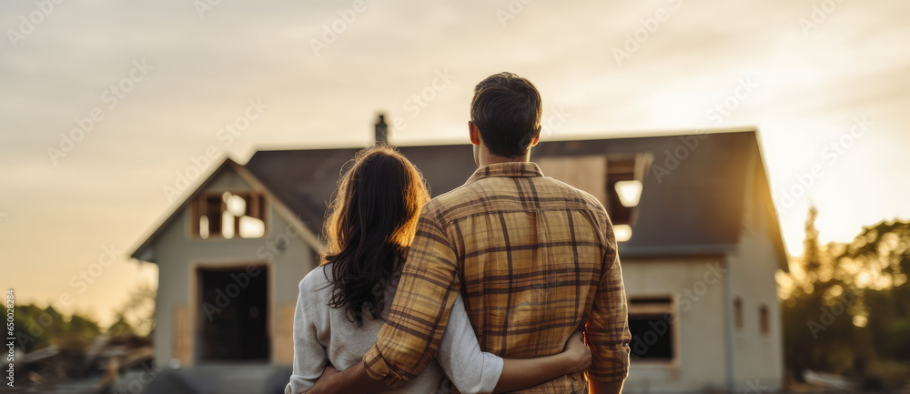 Couple Looking at development house, Young family dreaming about a new home. Real estate concept.