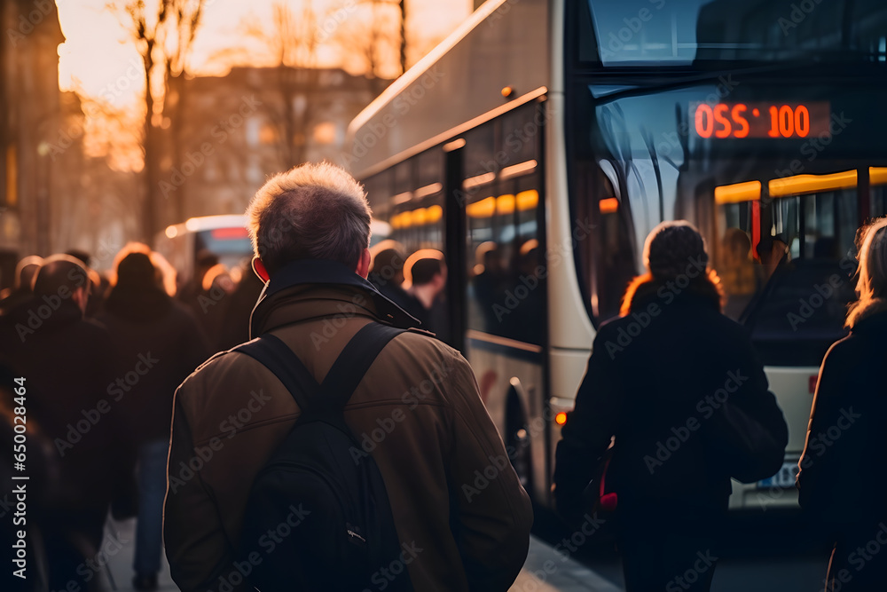 Back view passengers want to enter busy public transport