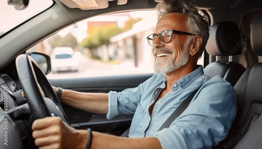 Happy senior man enjoying his new auto car.