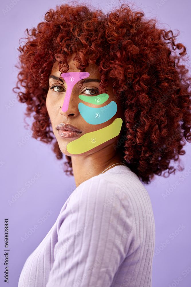 Beauty, hologram and portrait of woman in studio for wellness, skincare and facial mapping. Dermatology mockup, spa and face of person on purple background with overlay for makeup and cosmetics