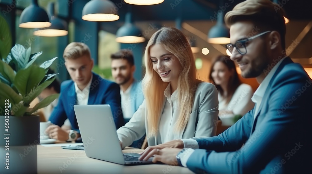 Smiling diverse business people sit at office desk talk laugh discussing business ideas together.