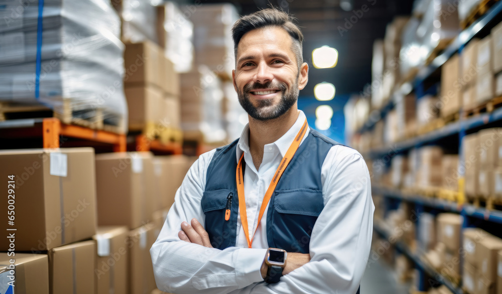 Portrait of a retail shipping analyst working at warehouse, Stock management and logistics, Factory distribution maintenance.