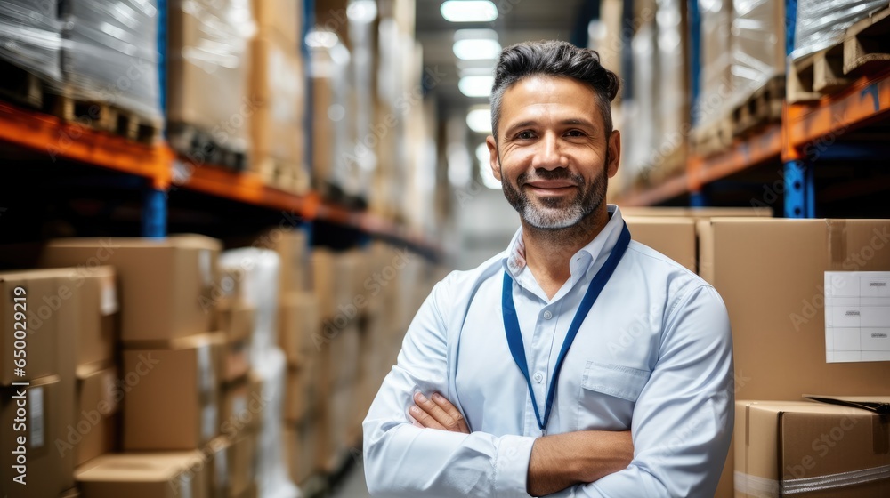 Portrait of a retail shipping analyst working at warehouse, Stock management and logistics, Factory distribution maintenance.