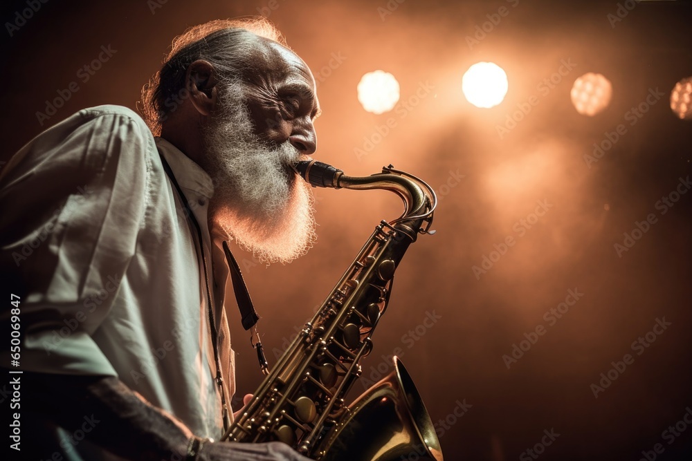 shot of a senior man playing the saxophone on stage during a concert